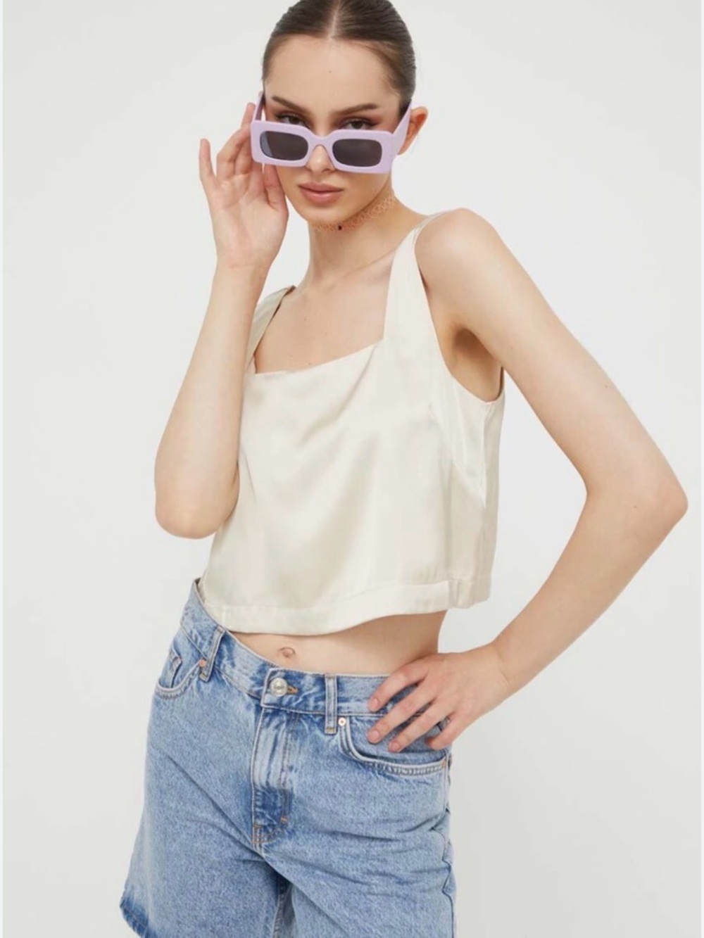 NWT Abercrombie & Fitch Cream Satin Square-Neck Cropped Cami